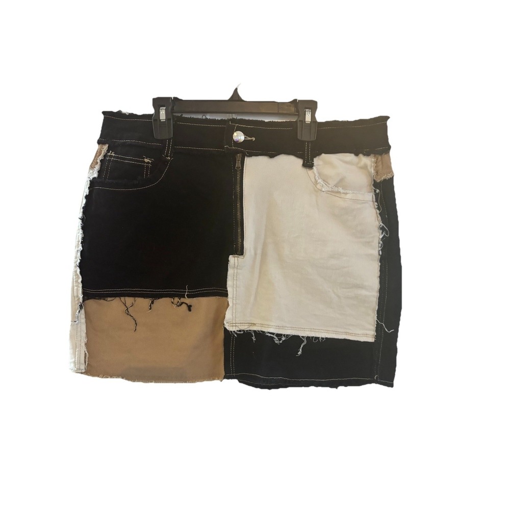Jeans Brand Color Block Patchwork Mini‎ Skirt Frayed Cotton Women's XL